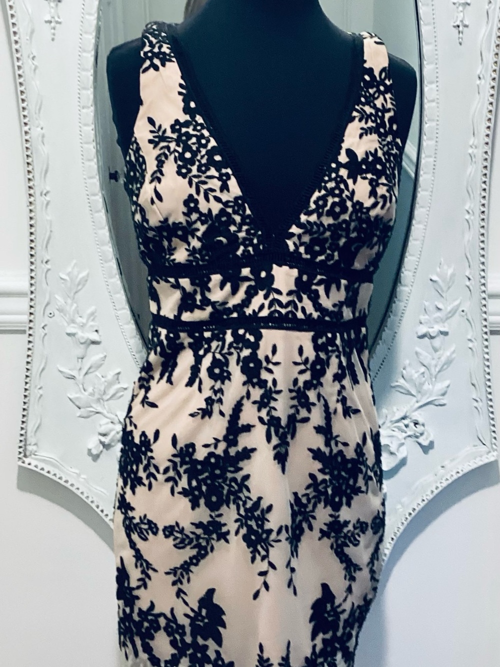 Bardot Blush Midi Dress with Black Floral Lace